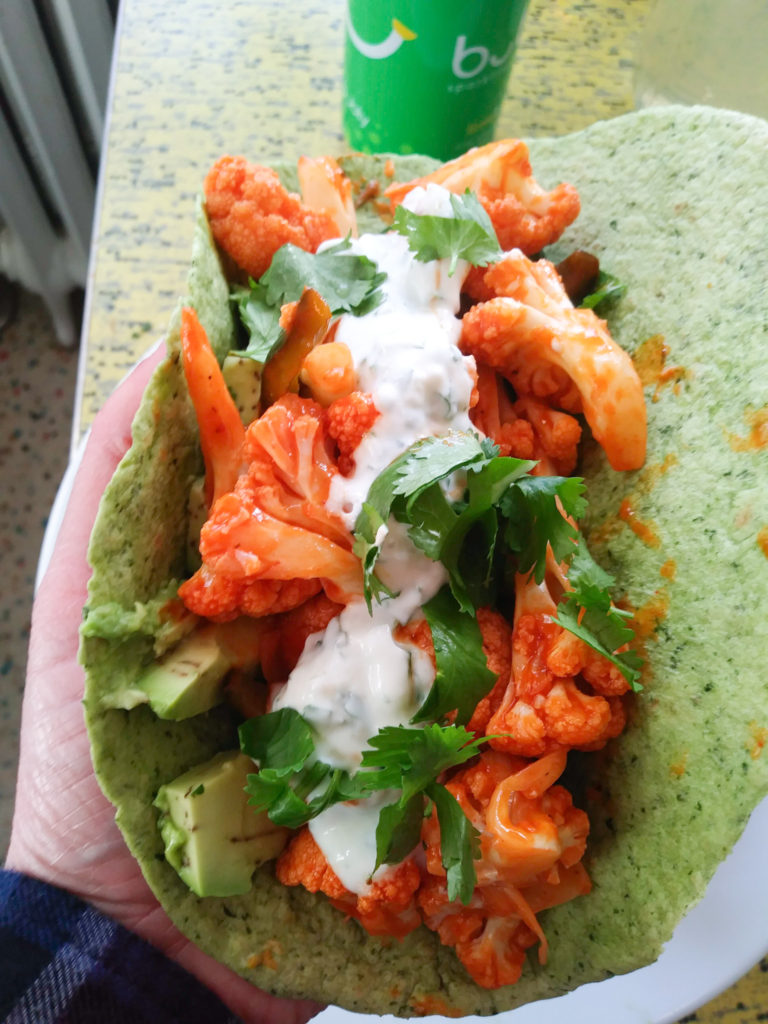Buffalo Cauliflower Tacos with Cilantro-Lime Crema