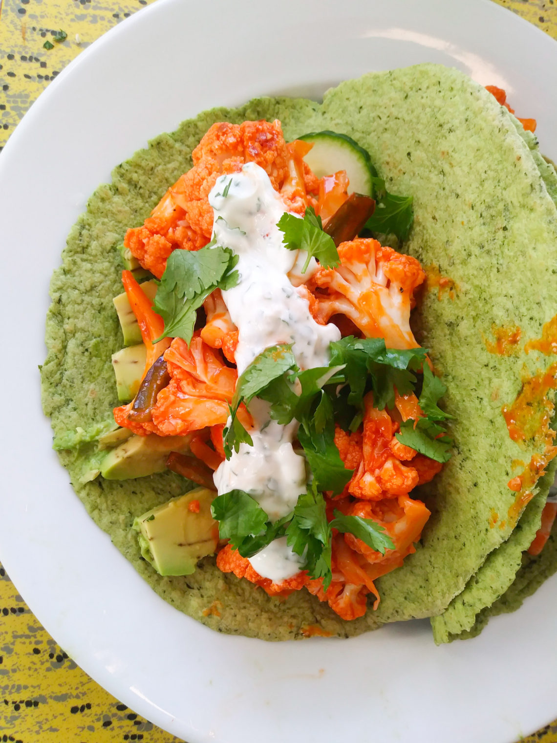 Buffalo Cauliflower Tacos with Cilantro-Lime Crema