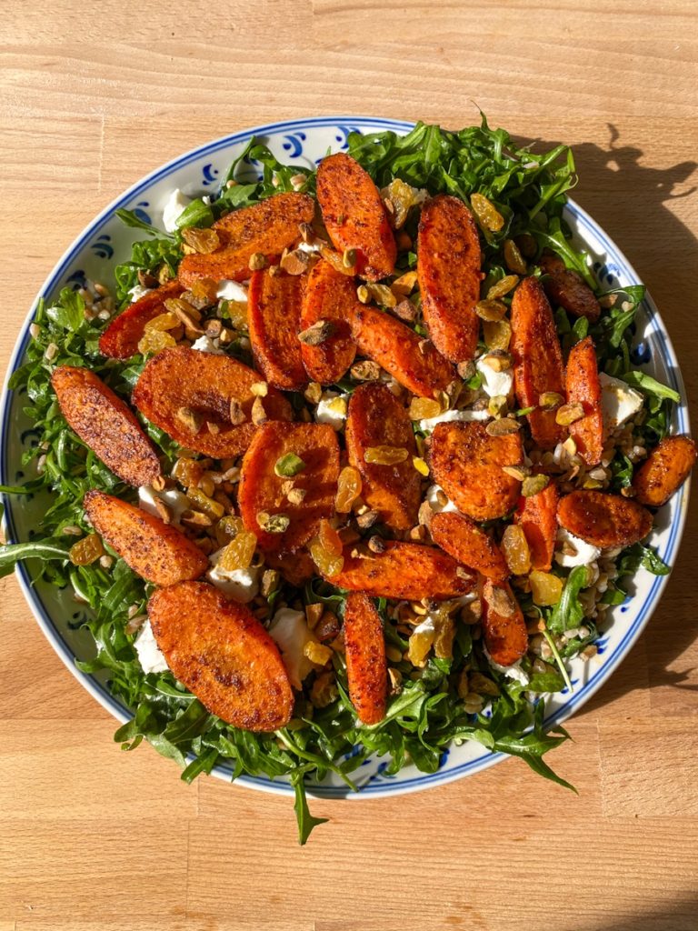 Roasted Carrot, Farro, & Arugula Salad